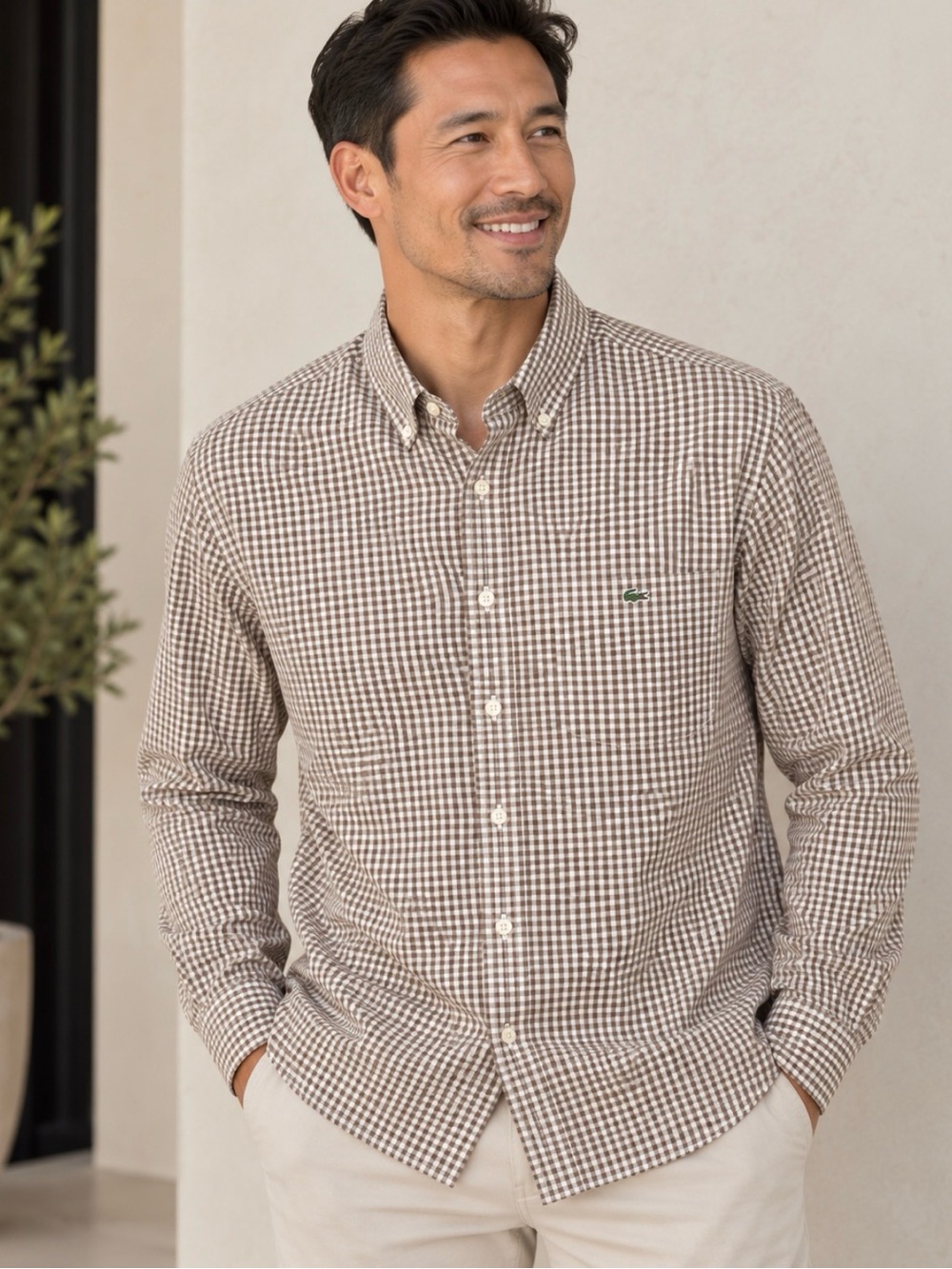 Lacoste Men’s Brown and White Gingham Button-Down Shirt